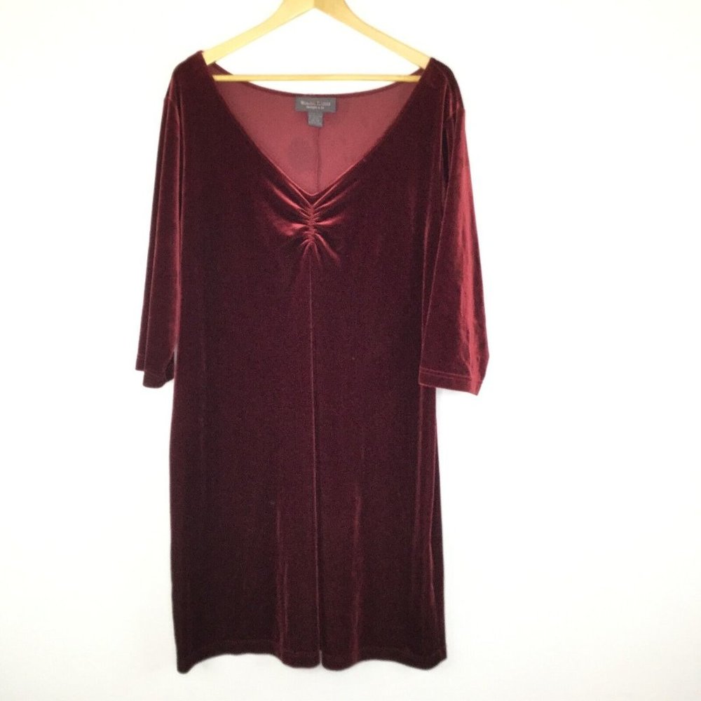 Working Classics Dress Women 18/20 Red Velour Sheath 3/4 Sleeve V-Neck Pullover